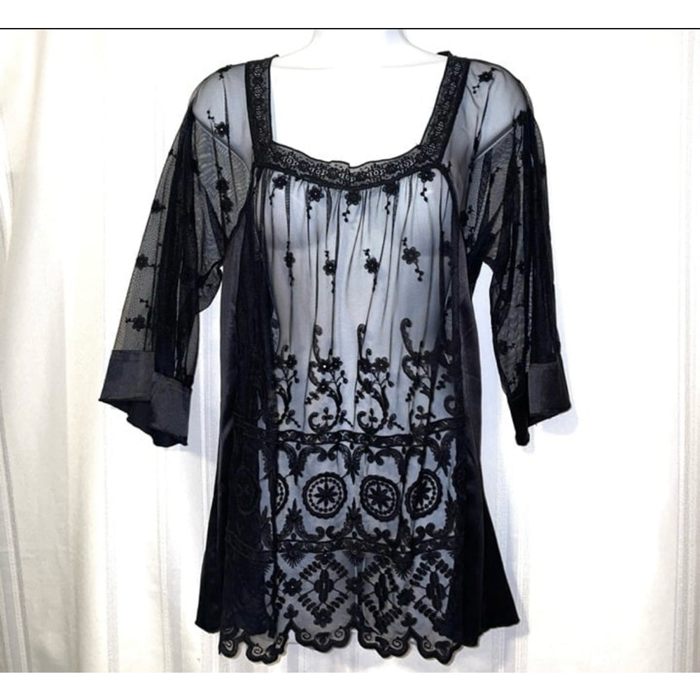 NWOT Johnny Was 4 Love + Liberty Sheer Black Lace Tunic Top Small